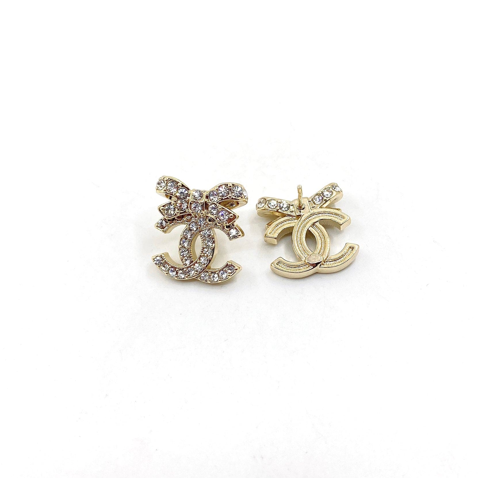 Chanel Strass Bow Stud 18K Gold Earrings