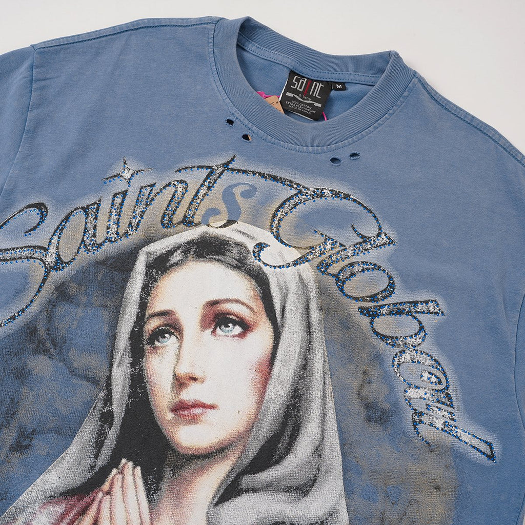 SAINT Distressed Rhinestone Graphic T-Shirt — detail