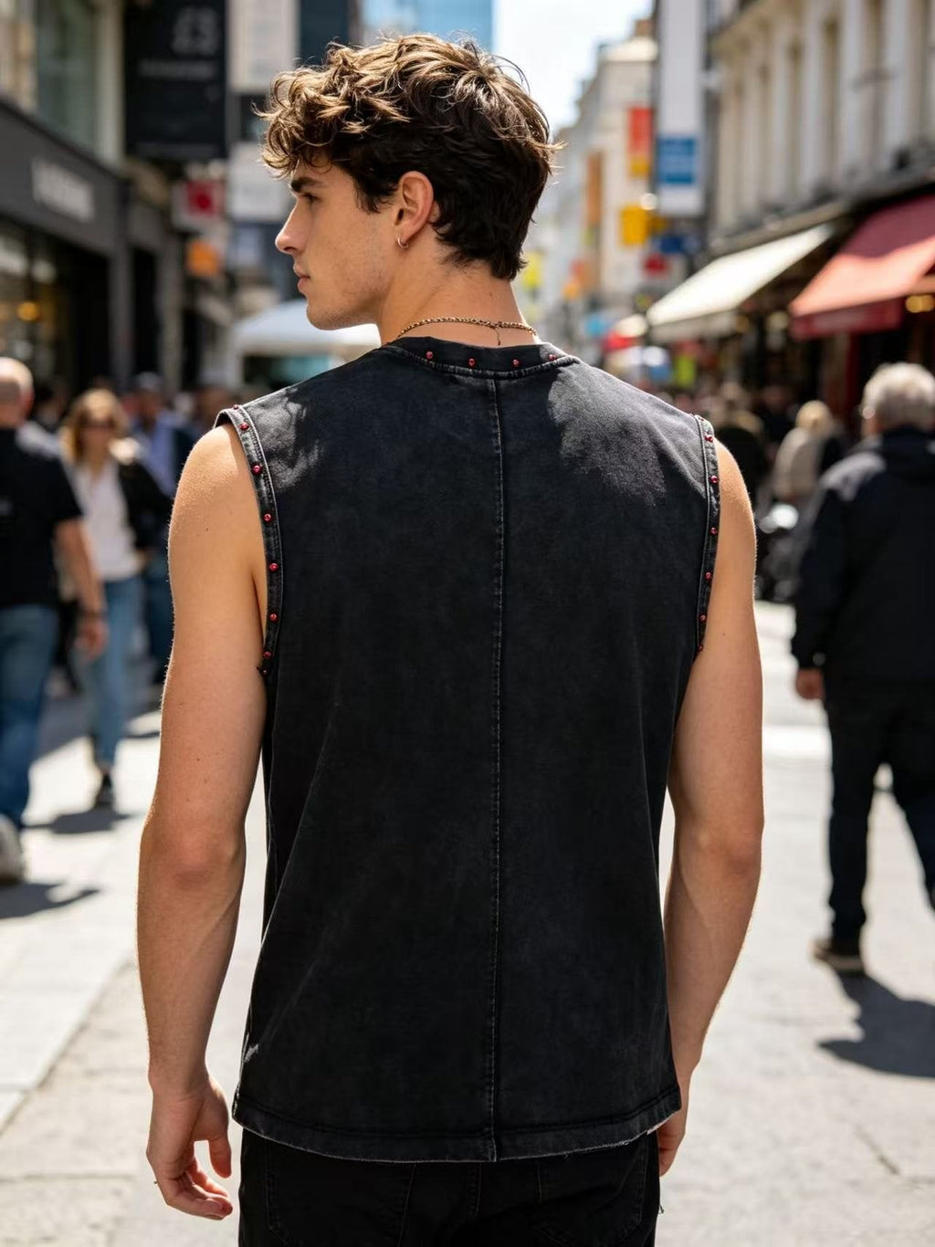 SAINT Washed Black Rhinestone Rock Graphic Sleeveless T-Shirt — model