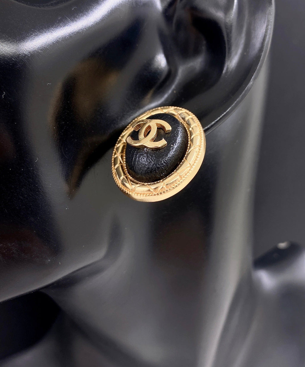 Chanel Oval Leather 18K Gold Earrings