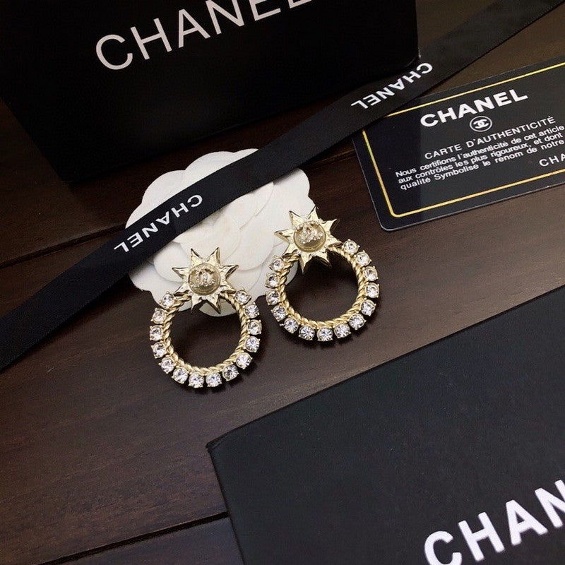Chanel Star Full Crystal 18K Gold Earrings