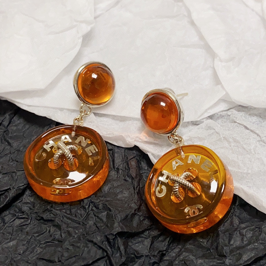 Chanel Orange Pendant 18K Gold Earrings