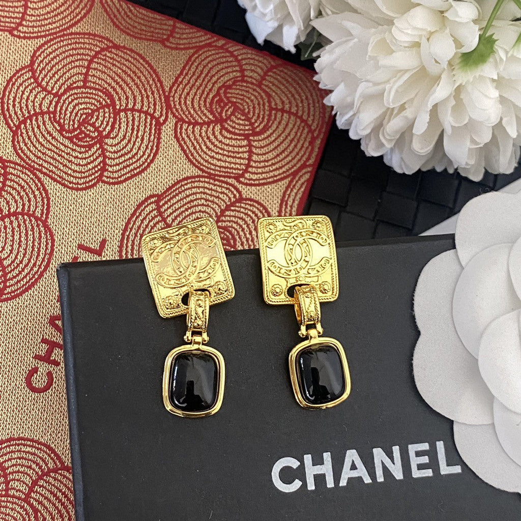 Chanel Black Crystal 18K Gold Earrings