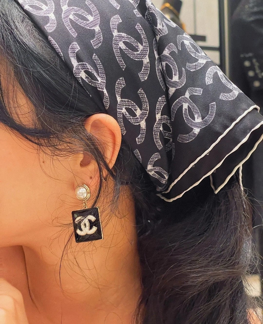 Chanel Square Pearl Pendant 18K Gold Earrings