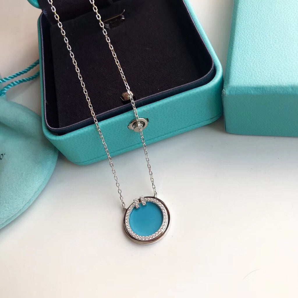 Tiffany Diamond & Turquoise Circle Pendant 18K Gold Necklace
